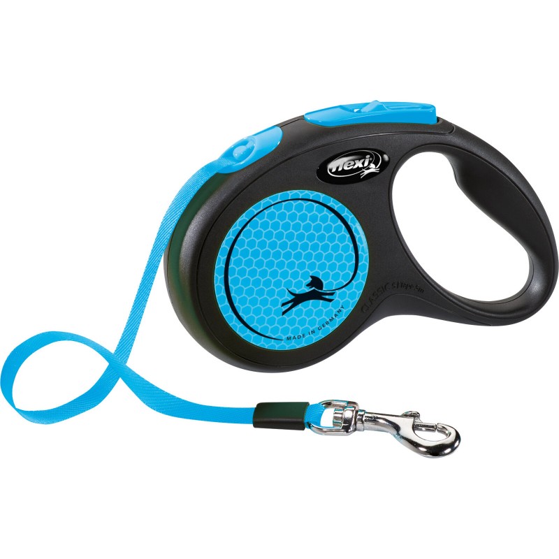 Flexi New NEON Laisse à enrouleur avec sangle fluo de 5m BLEU Flexi New NEON Laisse à enrouleur avec sangle fluo de 5m BLEU